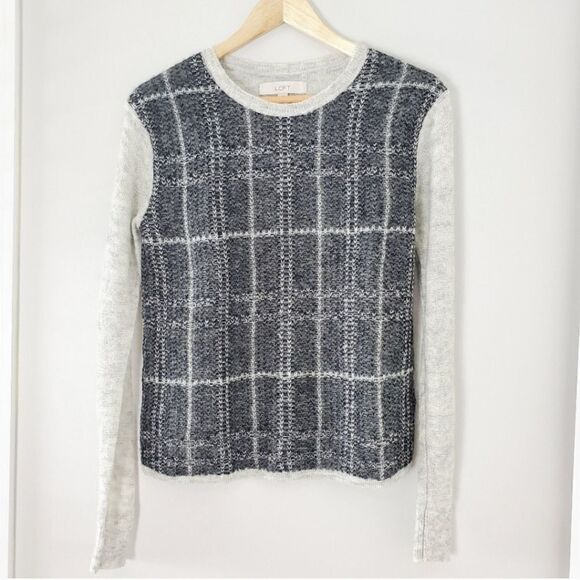 LOFT Plaid Gray Color Block Mohair Blend Crewneck Pullover Sweater Size Medium - Picture 2 of 12
